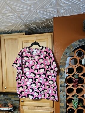 Betty Boop Pink Black White Dogs Print Short Sleeve Scrub Top